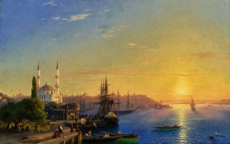 fantasy Art, Painting, Boat, Coast, Ivan Aivazovsky, Classic Art, Sunset HD Wallpaper Desktop Background