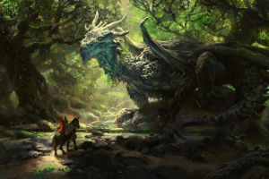 dragon, Horse, Nature, Warrior, Trees, Fantasy Art