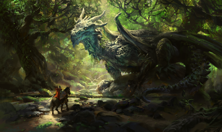 dragon, Horse, Nature, Warrior, Trees, Fantasy Art HD Wallpaper Desktop Background