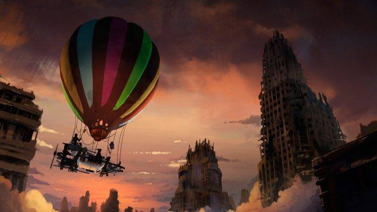 artwork, Fantasy Art, Apocalyptic, Hot Air Balloons, City HD Wallpaper Desktop Background