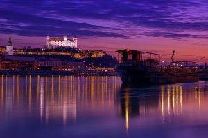 Bratislava, Slovakia, Castle, River, Reflection, Ship, Clouds, Night, Street Light, Building, Church, Hill