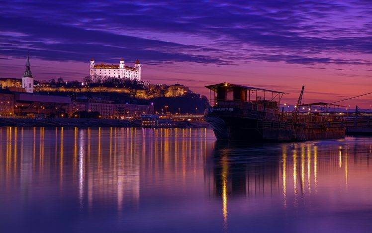 Bratislava, Slovakia, Castle, River, Reflection, Ship, Clouds, Night, Street Light, Building, Church, Hill HD Wallpaper Desktop Background