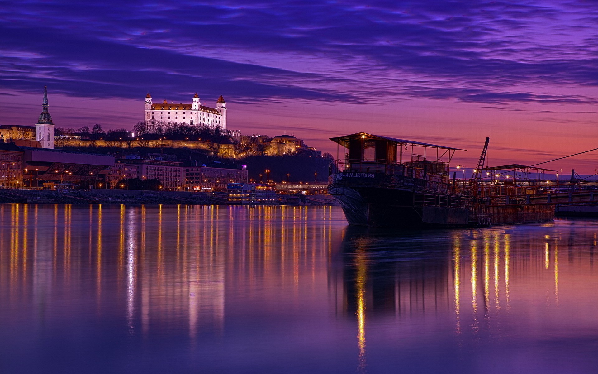 Bratislava, Slovakia, Castle, River, Reflection, Ship, Clouds, Night, Street Light, Building, Church, Hill Wallpaper