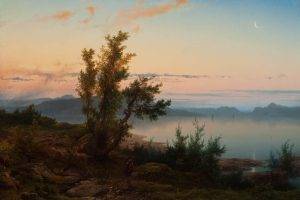 painting, Crescent Moon, Lake, Trees, Classic Art