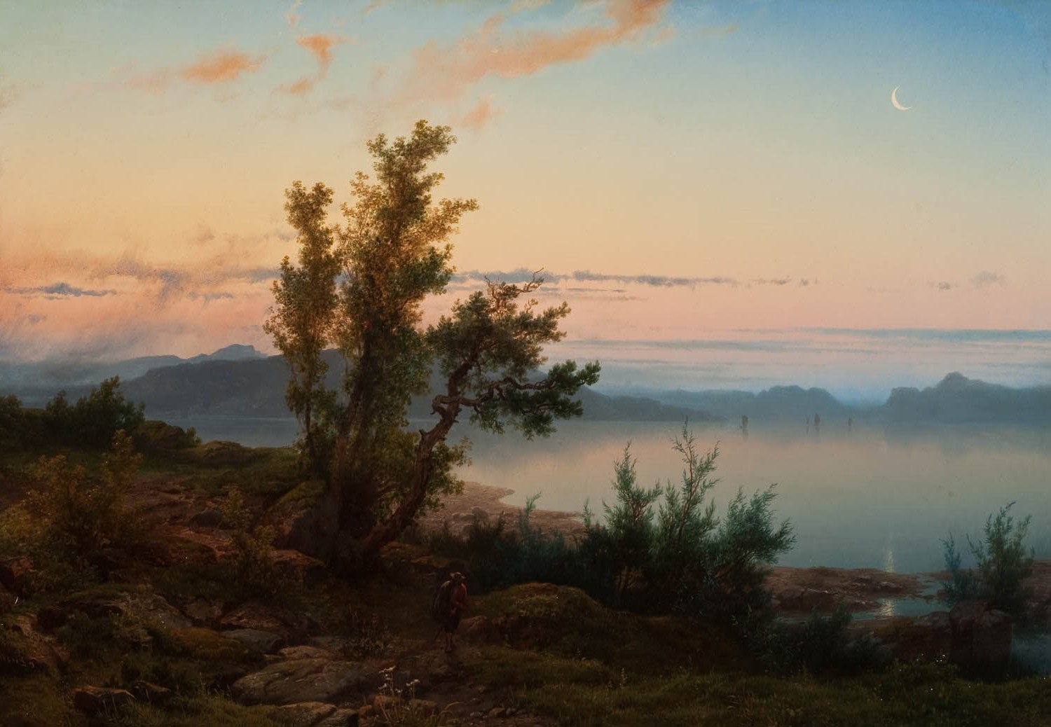 painting, Crescent Moon, Lake, Trees, Classic Art Wallpaper