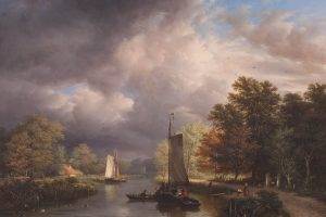 painting, River, Classic Art, Boat, Clouds, Trees