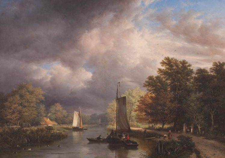 painting, River, Classic Art, Boat, Clouds, Trees HD Wallpaper Desktop Background
