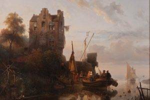 painting, Classic Art, River, Boat, Building, Reflection