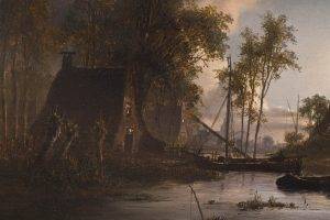 painting, Classic Art, Cottage, Boat, River, Trees
