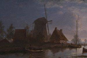 painting, Classic Art, Windmills, River, Cottage, Boat