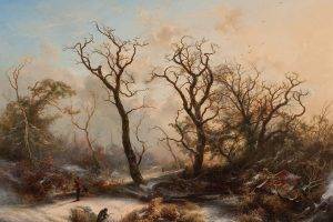 painting, Trees, Winter, River