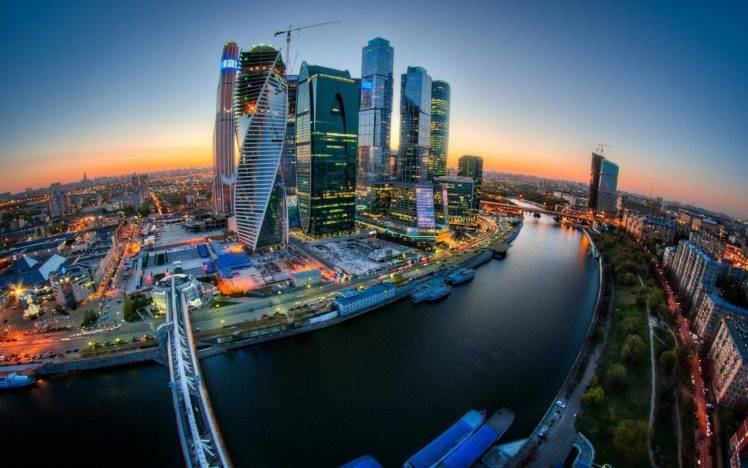cityscape, Moscow, River, Skyscraper, Bridge, Russia, HDR, Lights HD Wallpaper Desktop Background