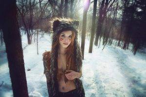 redhead, Maryann Fox, Women, Open Mouth, Women Outdoors, Pierced Navel, Fennek Suicide, Forest, Snow, Suicide Girls, Face Paint, Necklace, Trees, Hat, Winter, Fluffy Hat, Nose Rings, Belly Piercing