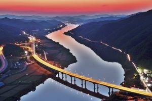 city, South Korea, River, Light Trails, Bridge, Hill, Sunset, Field