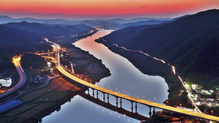 city, South Korea, River, Light Trails, Bridge, Hill, Sunset, Field HD Wallpaper Desktop Background