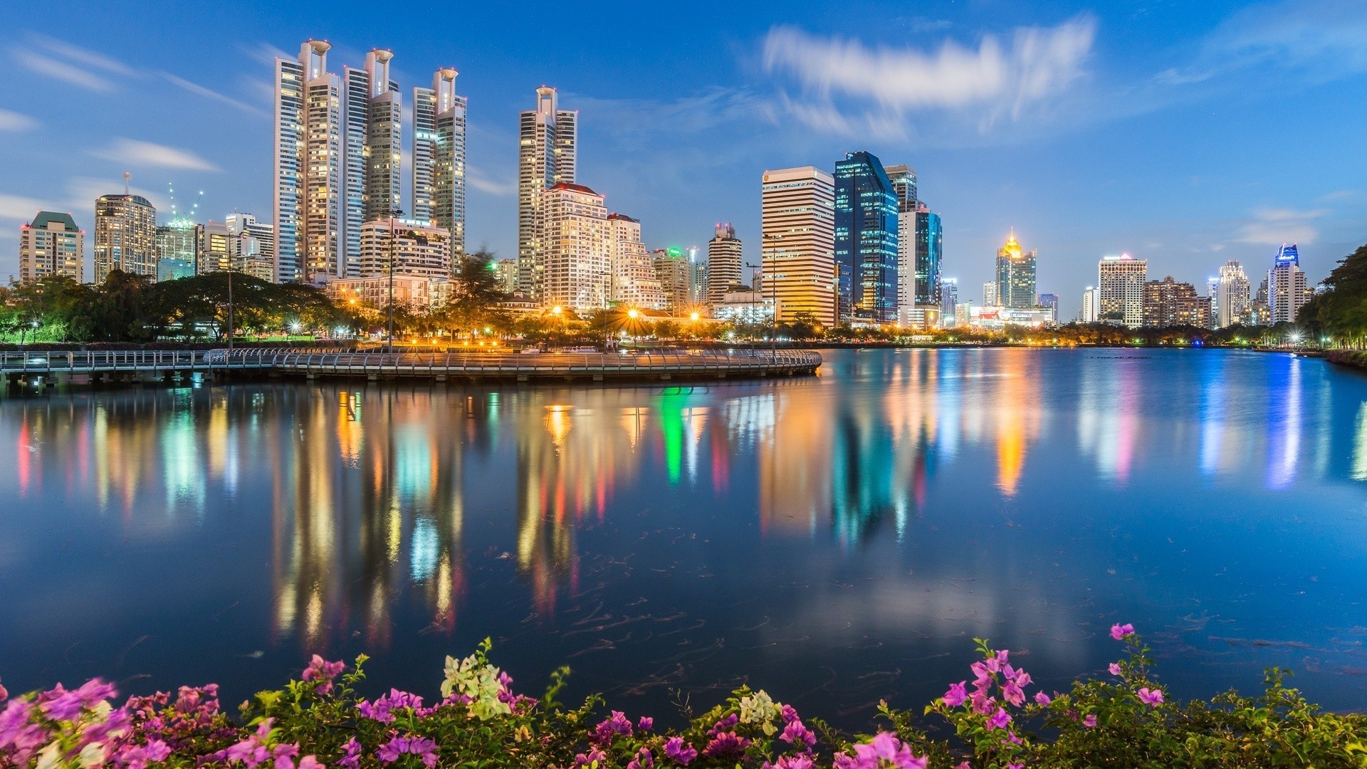 Thailand, Bangkok, Reflection, Flowers, Skyscraper, City Wallpaper