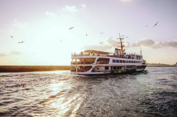 boat, Istanbul, Seagulls, Sunset, River, Turkey HD Wallpaper Desktop Background