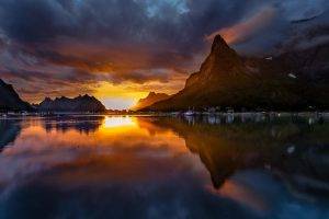 mountain, Reflection, Sunset, Lake, Boat, Norway