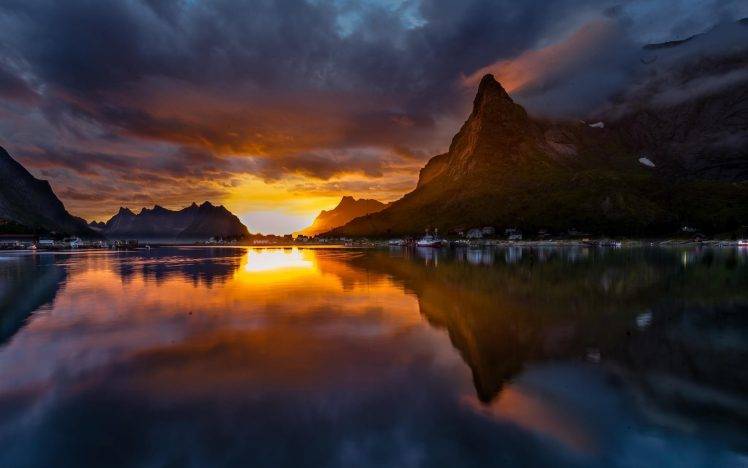 mountain, Reflection, Sunset, Lake, Boat, Norway HD Wallpaper Desktop Background