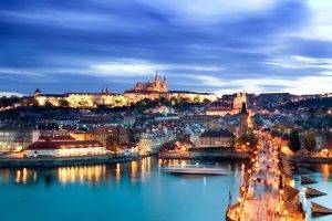cityscape, Architecture, Night, Lights, Long Exposure, Building, Bridge, River, Old Building, Castle, Clouds, Prague, Czech Republic