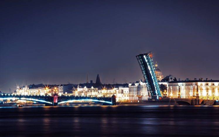 cityscape, Architecture, Night, Lights, Long Exposure, Building, Bridge, River, Russia, Cathedral HD Wallpaper Desktop Background