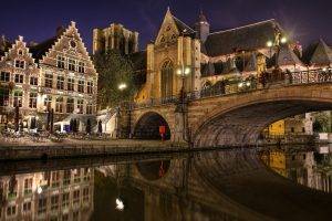 cityscape, Architecture, Night, Lights, Long Exposure, Building, Bridge, River, Old Building, Reflection, Church, Bruges