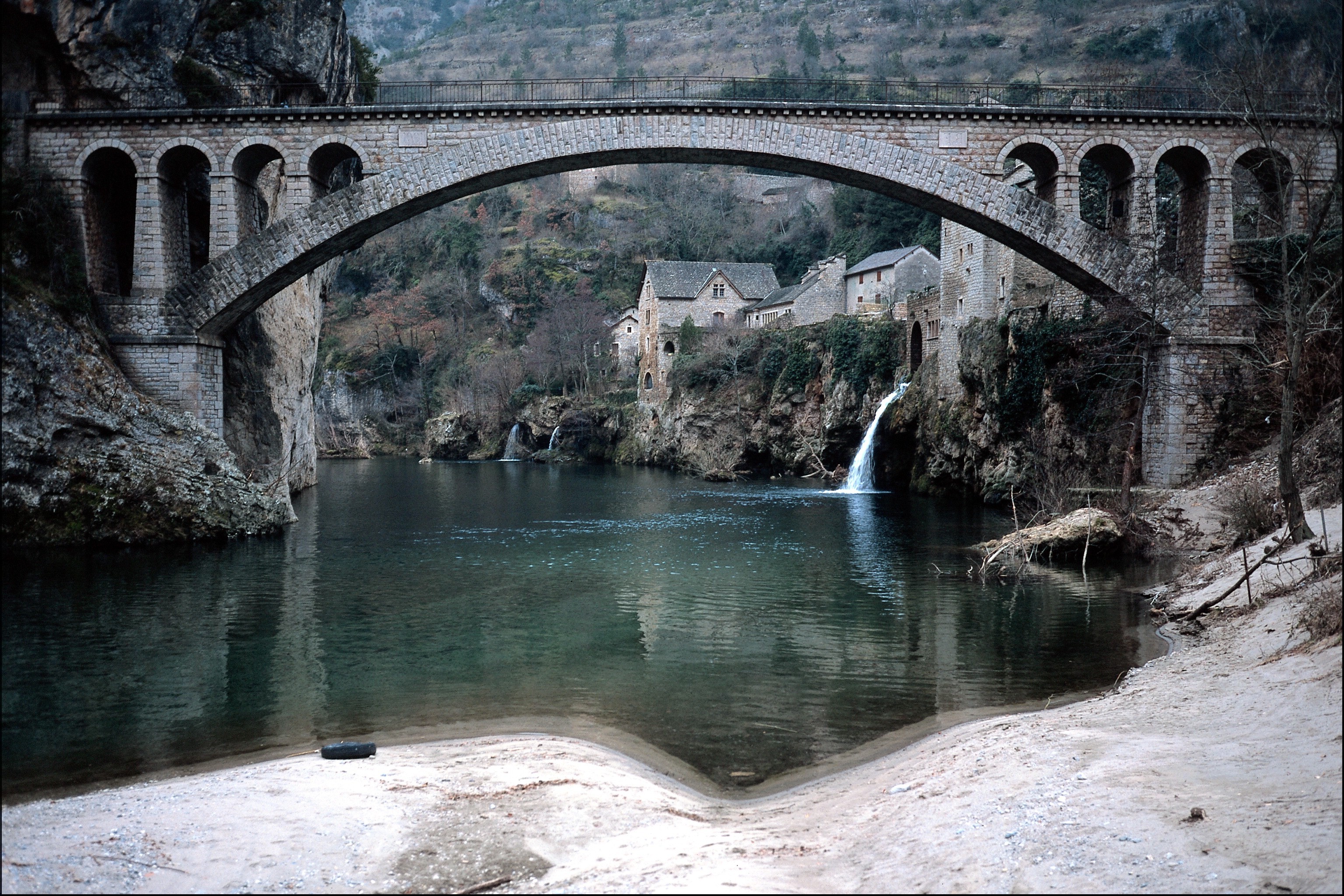 bridge, River, Village Wallpaper
