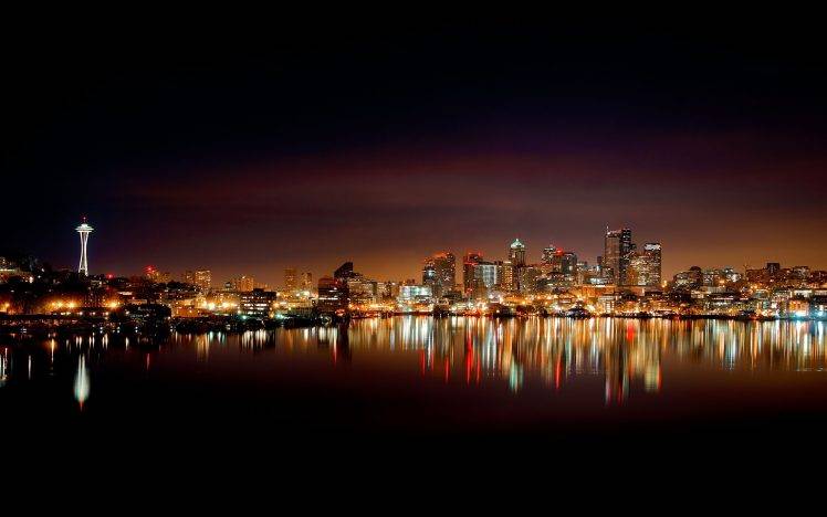 lake, Reflection, Night, Cityscape, Seattle HD Wallpaper Desktop Background