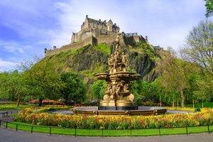 cityscape, Edinburgh, Scotland, Castle, Hill, Old Building, Sky, Clouds, Rock, Fountain, Trees, Flowers, Park, UK