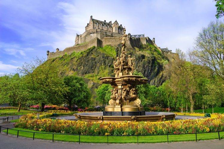 cityscape, Edinburgh, Scotland, Castle, Hill, Old Building, Sky, Clouds, Rock, Fountain, Trees, Flowers, Park, UK HD Wallpaper Desktop Background