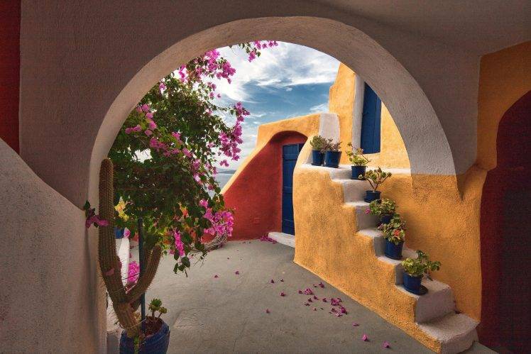 architecture, Building, Greece, Arch, Stairs, Flowers, Cactus, Clouds, Bougainvillea HD Wallpaper Desktop Background
