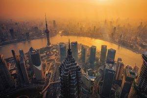 skyscraper, Dusk, Orange, Cityscape, Building, River, Shanghai, China