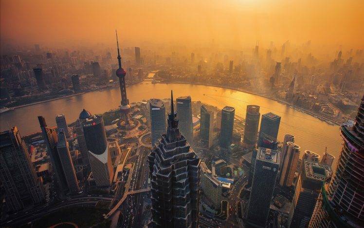 skyscraper, Dusk, Orange, Cityscape, Building, River, Shanghai, China HD Wallpaper Desktop Background