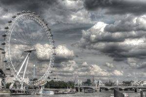 London, London Eye, HDR, Selective Coloring, Bridge, Ferris Wheel, River, Clouds