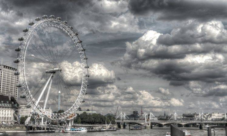 London, London Eye, HDR, Selective Coloring, Bridge, Ferris Wheel, River, Clouds HD Wallpaper Desktop Background