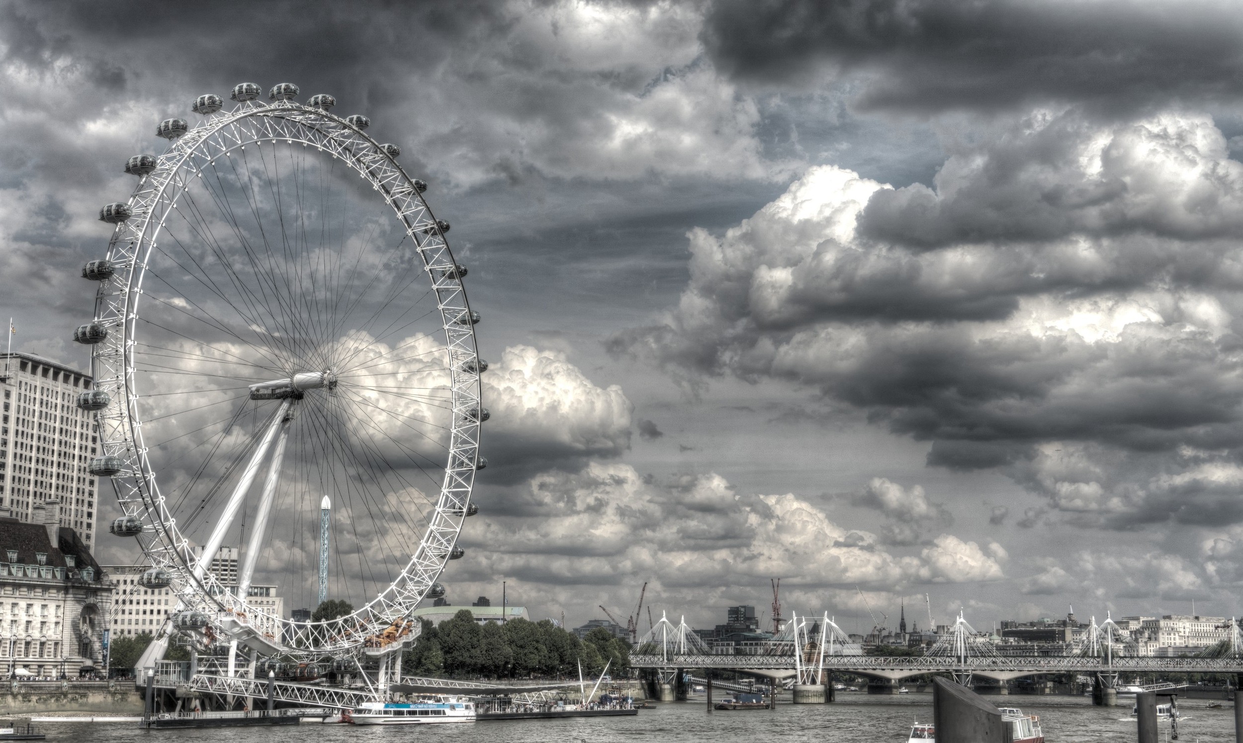 London, London Eye, HDR, Selective Coloring, Bridge, Ferris Wheel, River, Clouds Wallpaper