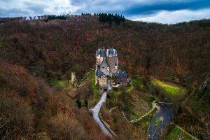 nature, Architecture, Castle, Trees, Old Building, Road, River, Forest, Clouds, Hill, Top View, Rock, Eltz Castle, Germany