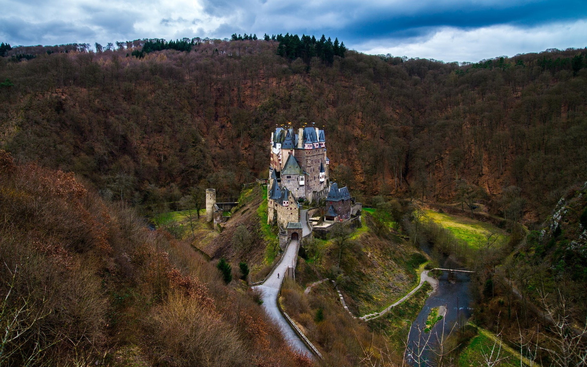 nature, Architecture, Castle, Trees, Old Building, Road, River, Forest, Clouds, Hill, Top View, Rock, Eltz Castle, Germany Wallpaper