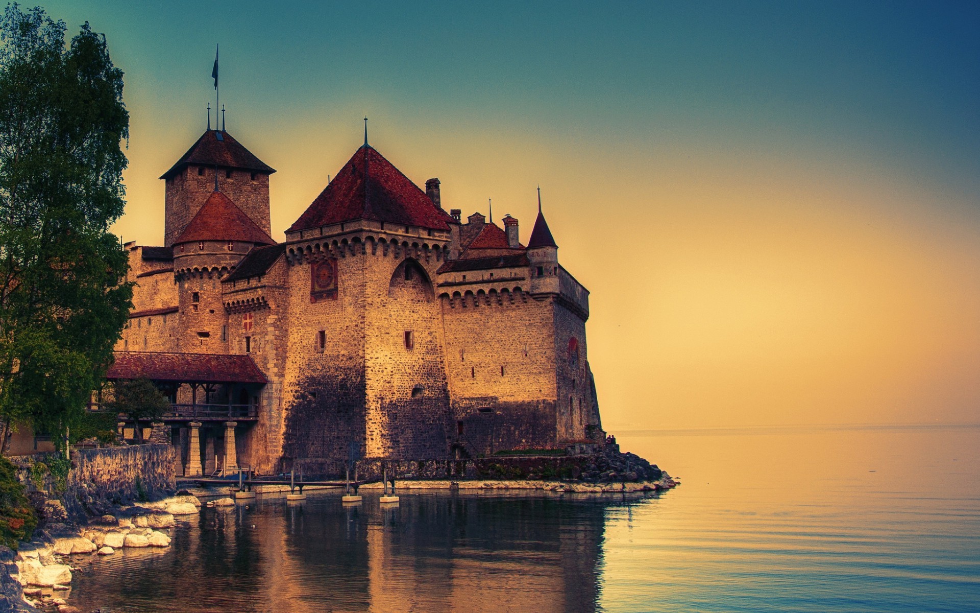 nature, Architecture, Castle, Trees, Old Building, Switzerland, Lake Geneva, Rock, Reflection, Chillon Castle Wallpaper