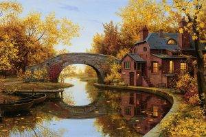 reflection, Bridge, Arch, River, House, Trees, Boat, Fall