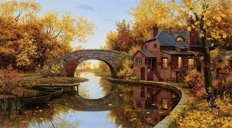 reflection, Bridge, Arch, River, House, Trees, Boat, Fall HD Wallpaper Desktop Background