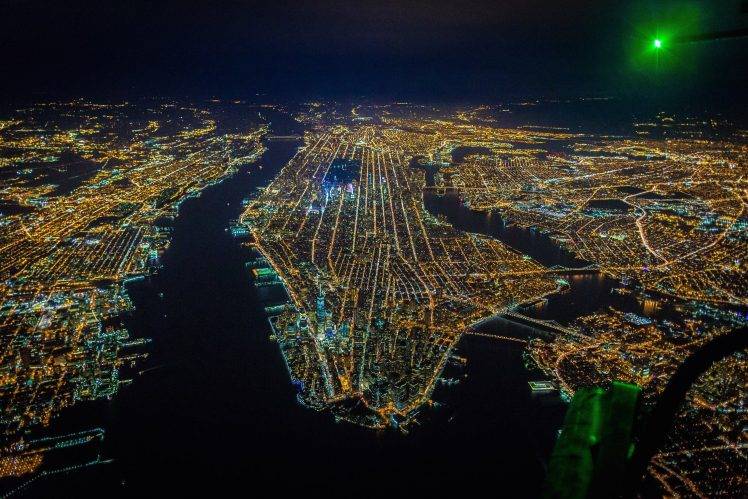 New York City, River, USA, Night, Helicopters, Birds Eye View, City, Island, Aerial View HD Wallpaper Desktop Background