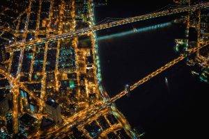 New York City, Bridge, River, USA, Night, City, Aerial View, Cityscape