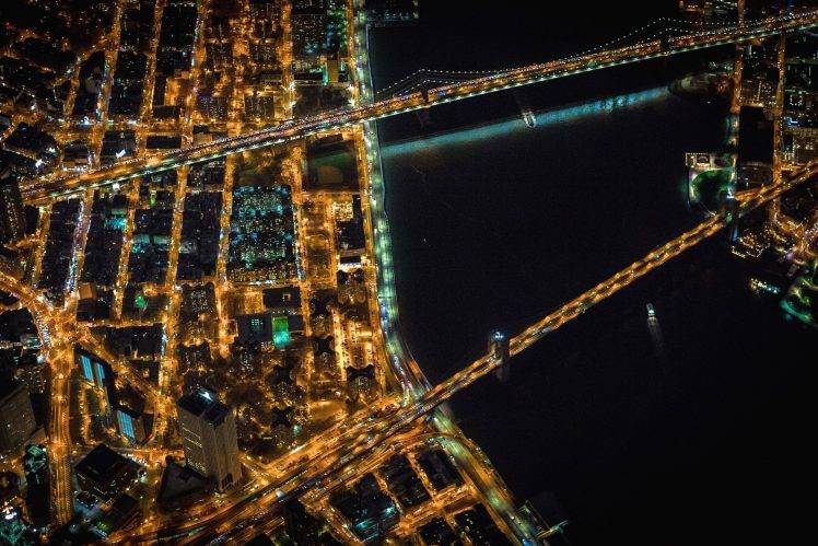 New York City, Bridge, River, USA, Night, City, Aerial View, Cityscape HD Wallpaper Desktop Background