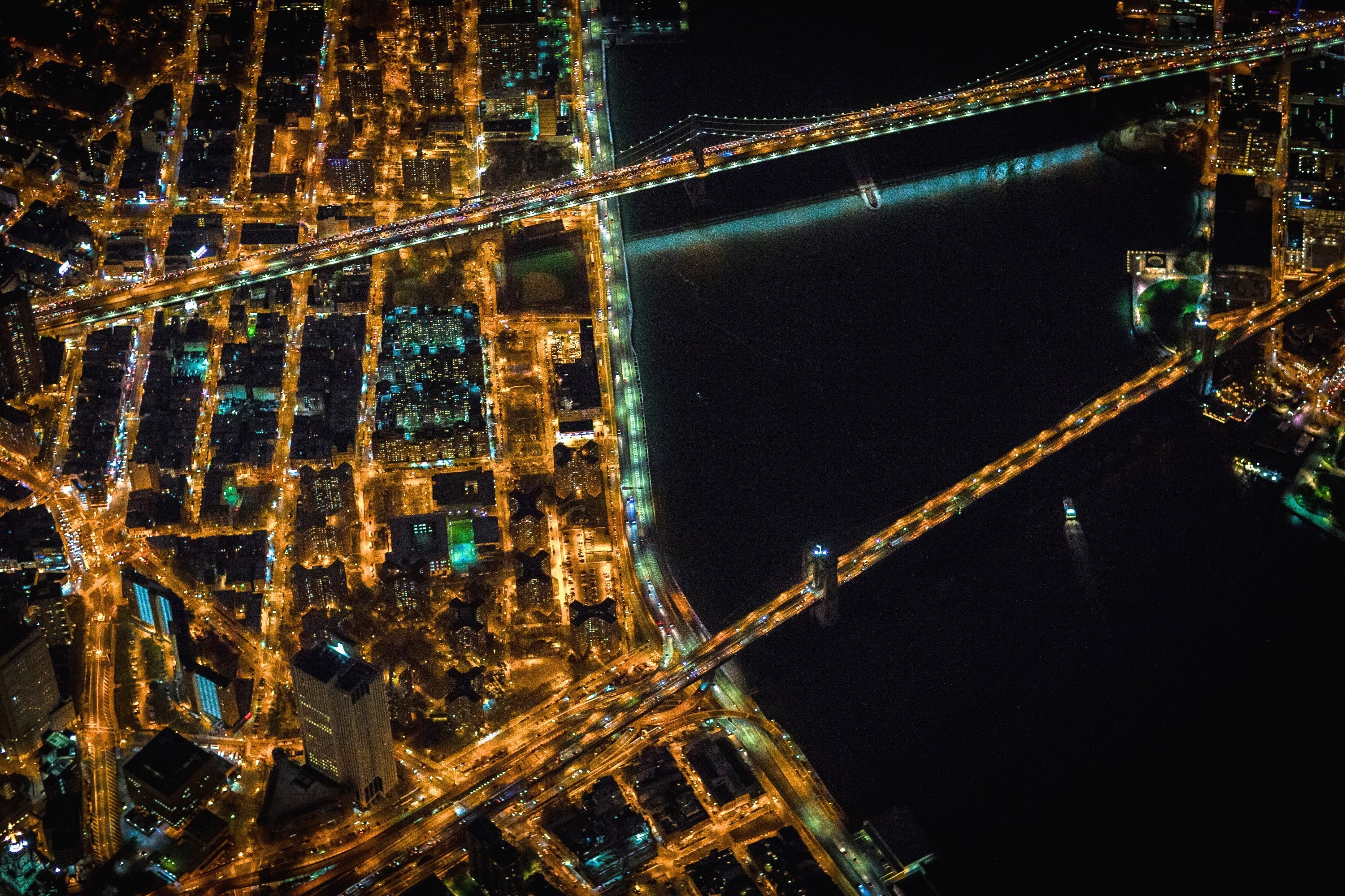New York City, Bridge, River, USA, Night, City, Aerial View, Cityscape Wallpaper