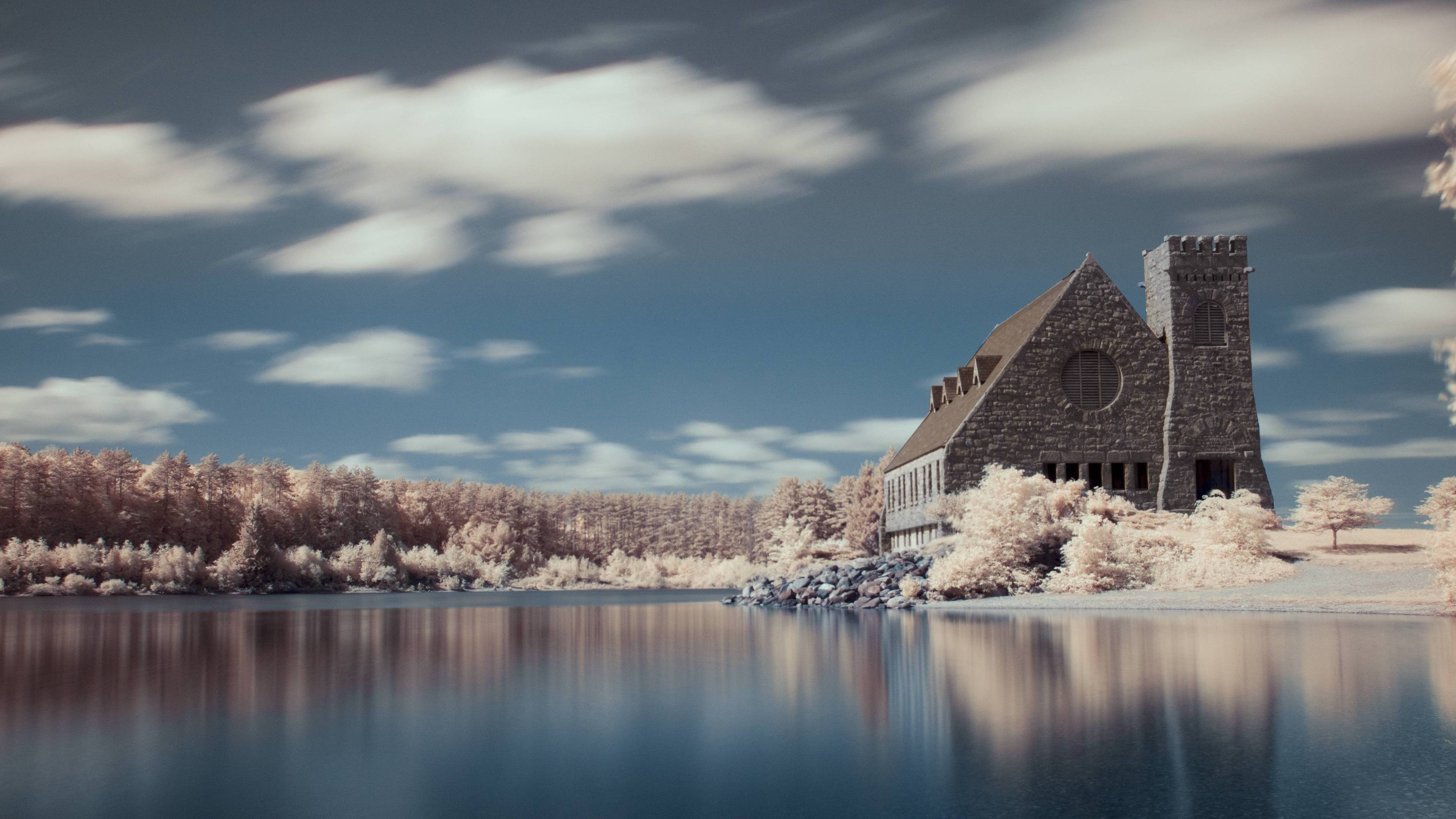 lake, Mansions, House, Old Building, Building, White, Clouds, Long Exposure, Sky, Snow, Forest, Calm, Water, Architecture, Surreal Wallpaper