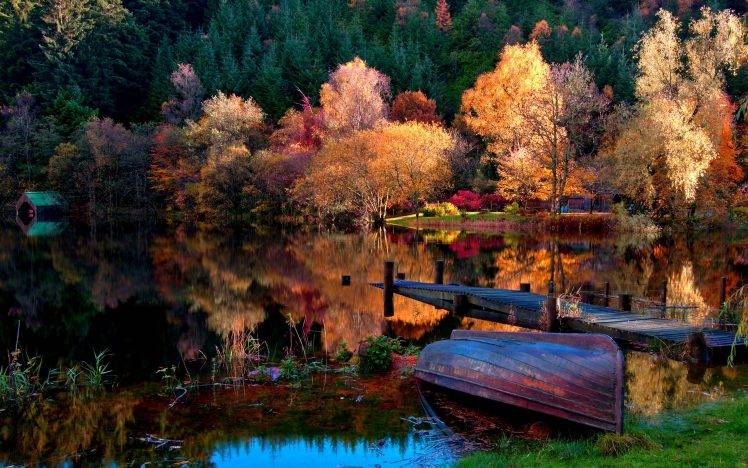 lake, Trees, Forest, Dock, Boat, Nature, Reflection HD Wallpaper Desktop Background