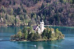architecture, Lake, Trees, Forest, Nature, Island, Church, Slovenia, Boat