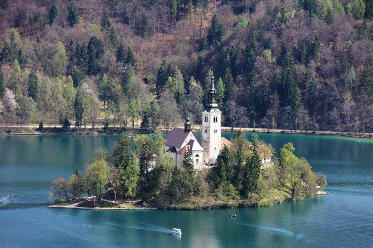 architecture, Lake, Trees, Forest, Nature, Island, Church, Slovenia, Boat HD Wallpaper Desktop Background