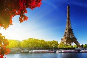 Eiffel Tower, Paris, Sunlight, Water, Trees, River, Boat, Architecture, Leaves, Sky
